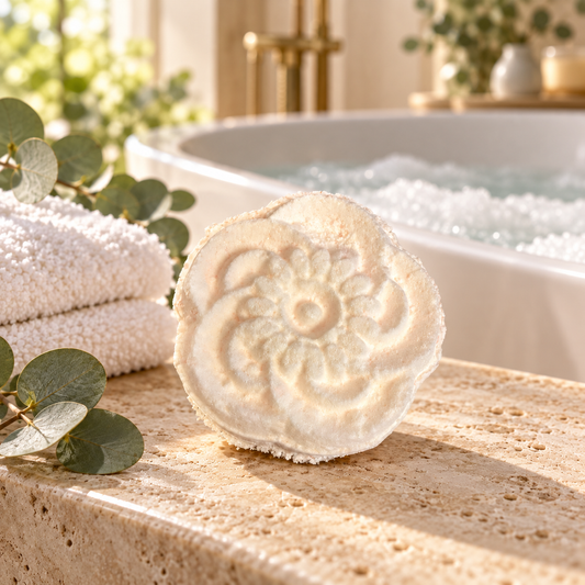 Ivory floral Testify bath bomb beside a soaking bathtub with towels and eucalyptus