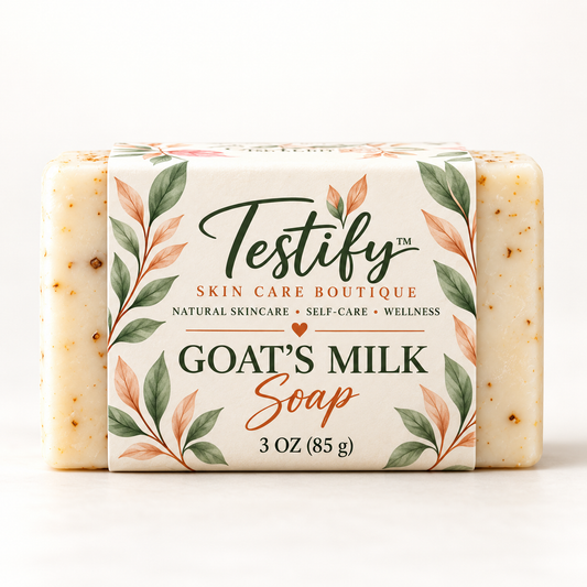 Testify goat’s milk soap bar with sage green and warm copper botanical packaging