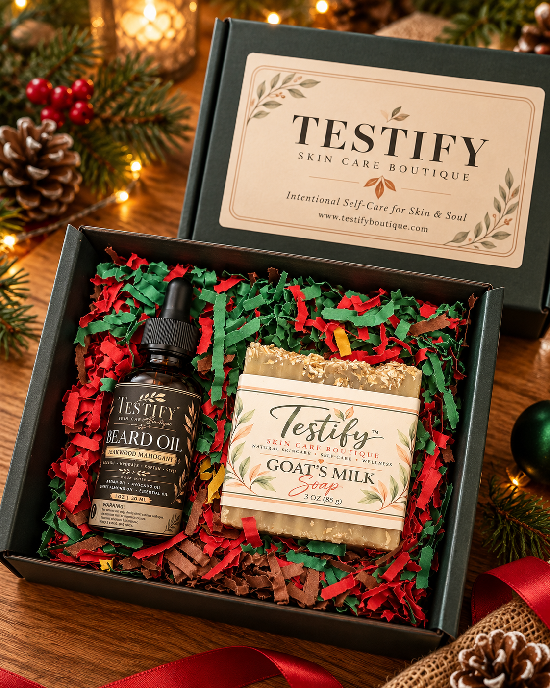 Testify holiday beard oil and goat's milk soap gift set