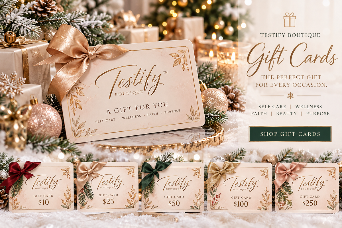Testify holiday gift cards in elegant cream and rose gold with snowy Christmas decorations