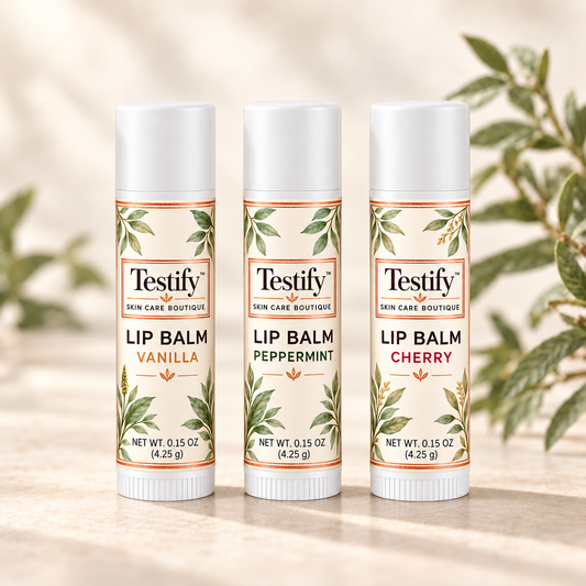 Testify Vanilla, Peppermint and Cherry Lip Balms in white 0.15 oz tubes