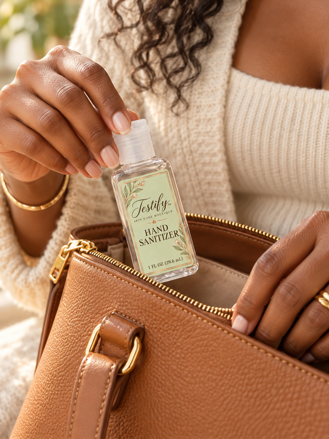 Travel sanitizer placed in tan handbag