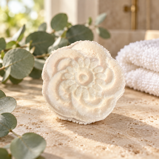 Ivory floral shower steamer on stone with eucalyptus and a white towel