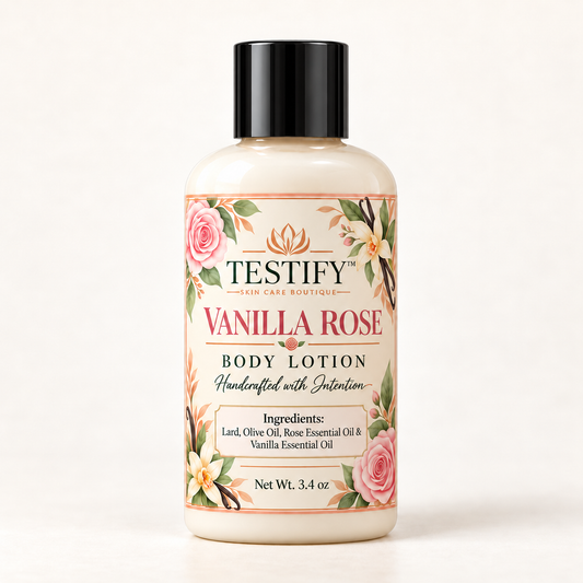 Testify Vanilla Rose body lotion front with black cap