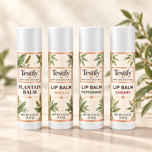 Testify balm collection in white 0.15 oz tubes – Plantain, Vanilla, Peppermint and Cherry